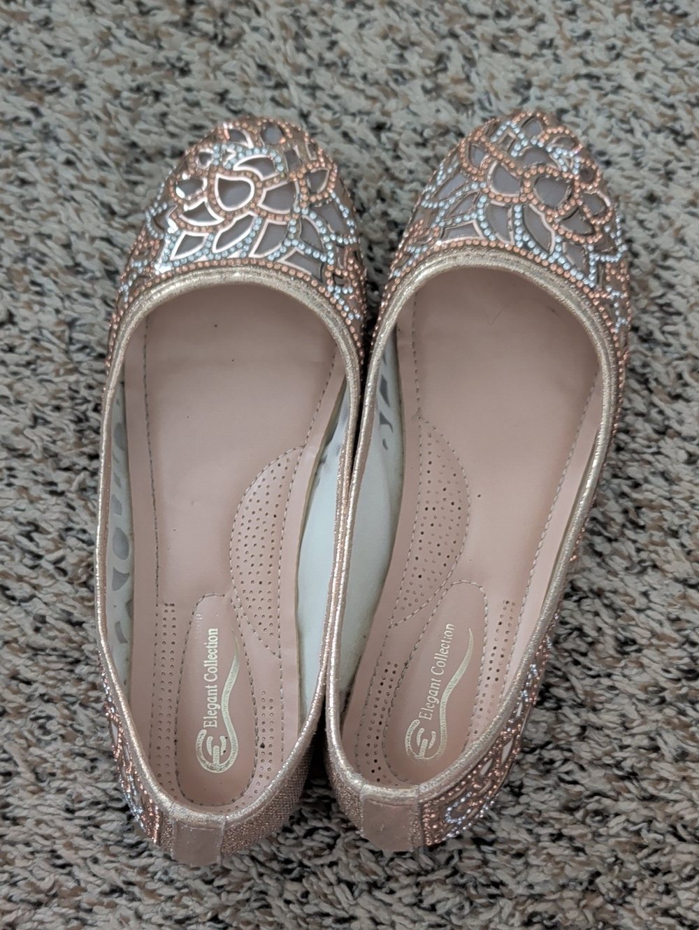 Elegant Rose Gold Floral Embellished Ballet Flats by Elegant Collection